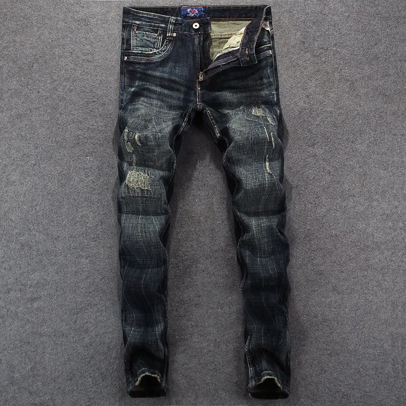 

Street Fashion Ripped Men'S Jeans Blue Black Washed Embroidered Patch Vintage Long Pants Trendy Men