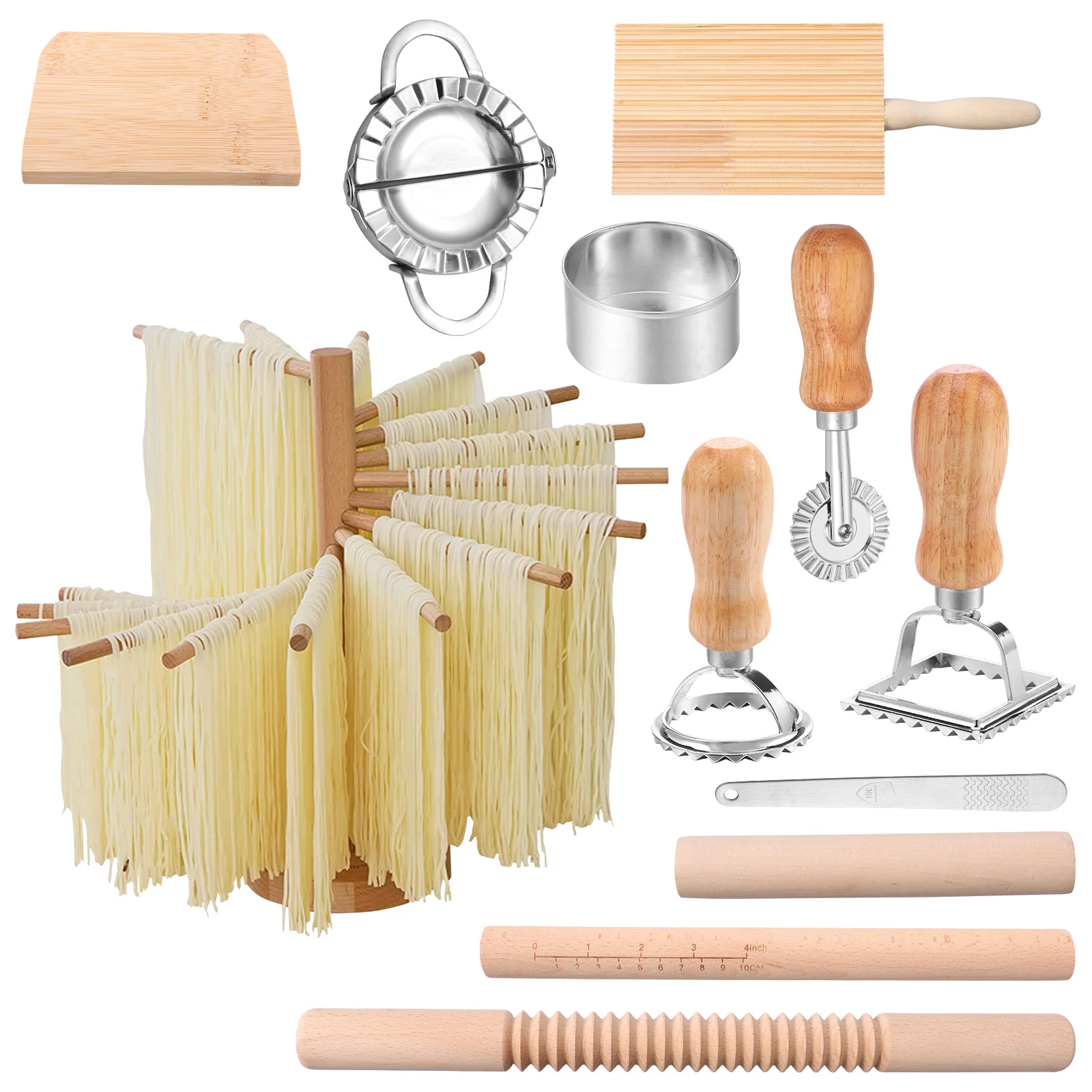 Kit de Herramientas Multifuncionales para Hacer Pasta con Rejilla de Secado, Rodillo de Madera, Tabla para Gnocchi, Cortador de Masa y Molde para Dumplings