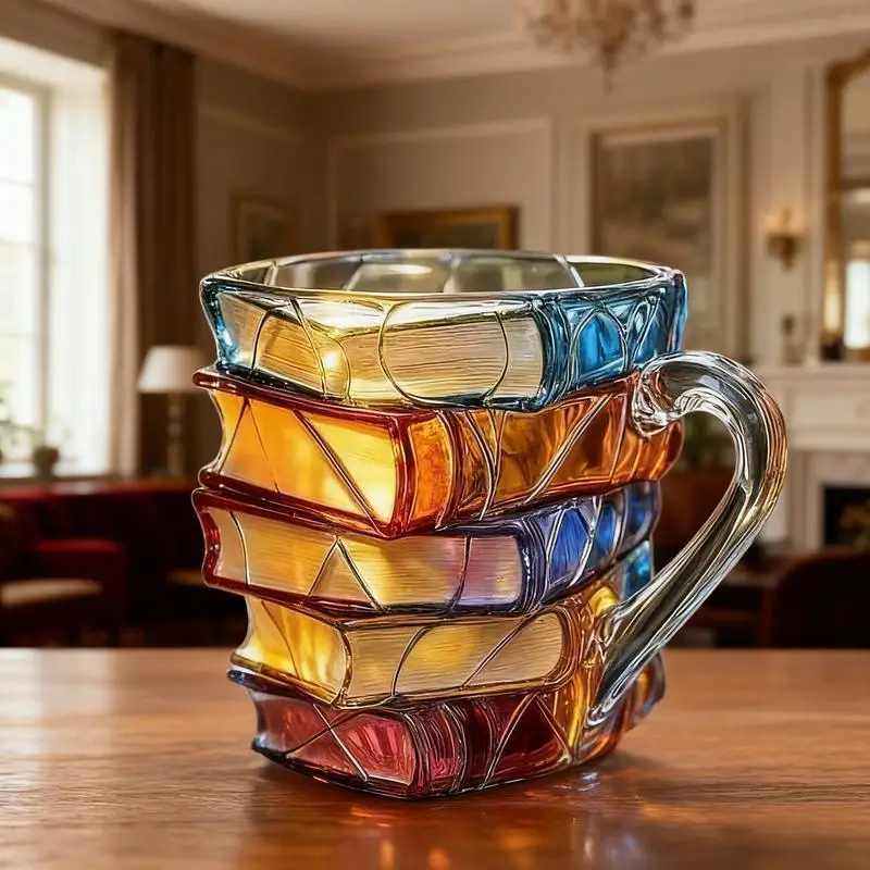 Innovative 3D Painting Book Mug Unique Stacked Glass Coffee Cup Perfect Gift for Literature Lovers Creative Colorful Book