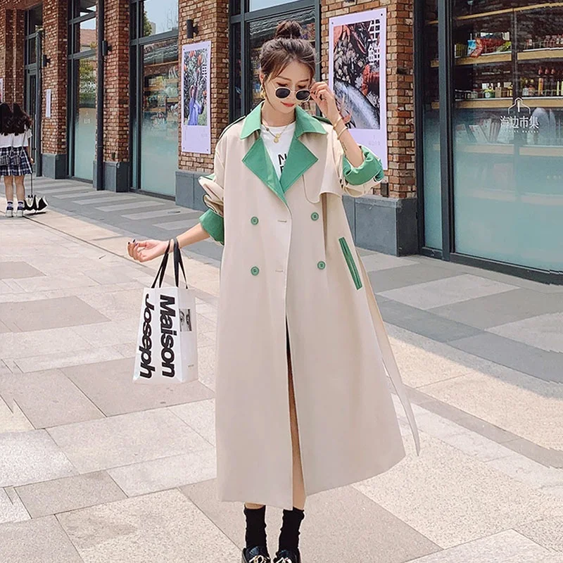 Imagem -05 - Outono Coreano Meados de Comprimento Feminino Contraste Cor Costura Trench Coat Elegante Lapela Duplo Breasted Manga Longa Feminino Blusão