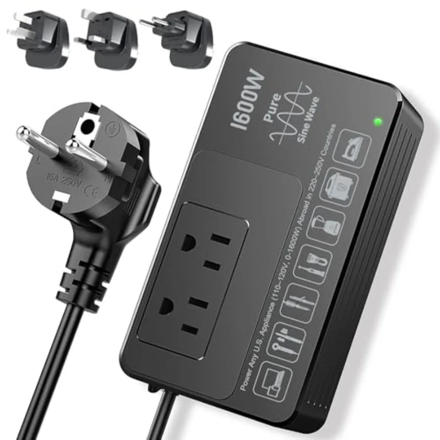 1600W 220V to 110V Voltage Converter for Seamless Use of American Appliances in 220-250V Outlets Plug Play Design with Universa