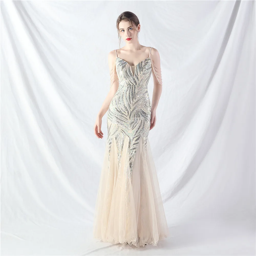 DEERVEADO Luxury Beading Evening Dress Elegant Wedding Party Dresses Woman Mermaid Sequins Dress for Formal Occasion