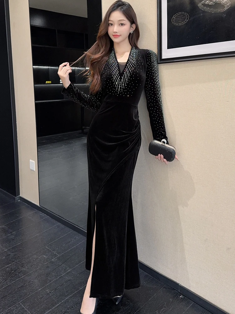 Robe longue de luxe en velours noir pour femmes, col en v, diamants, Vintage, moulante, robe de bal, Festival coréen, automne hiver, 2025