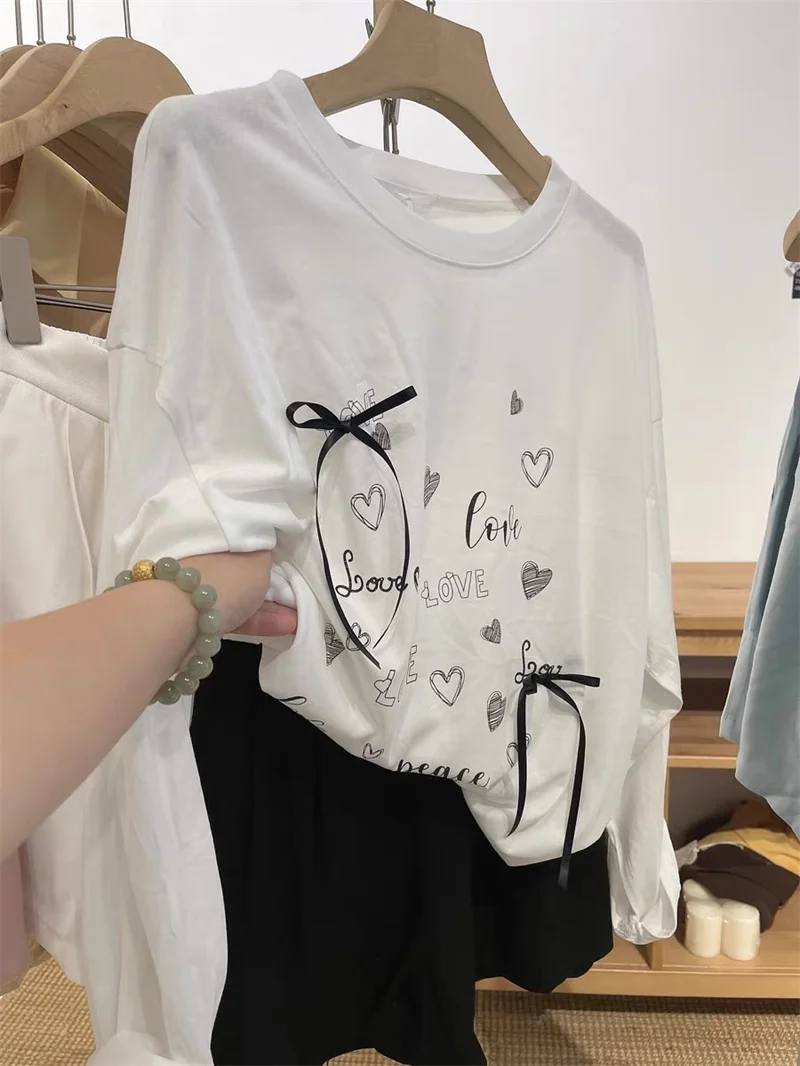 

Retro American Heart Graffiti Long Sleeve T-Shirt Women's Summer Thin Sun Protection Top Knot Cotton Blend Tee