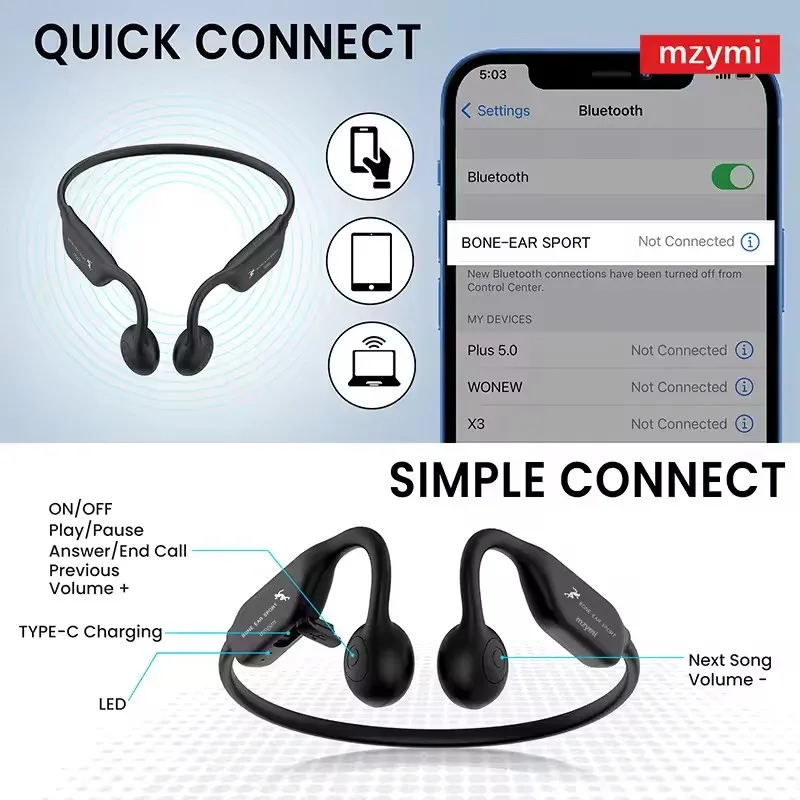 

Mzymi A18 Neckband Earphone Wireless Bone Conduction Earbuds Bluetooth Over Ear Headset With Mic Sports Waterproof Headphones