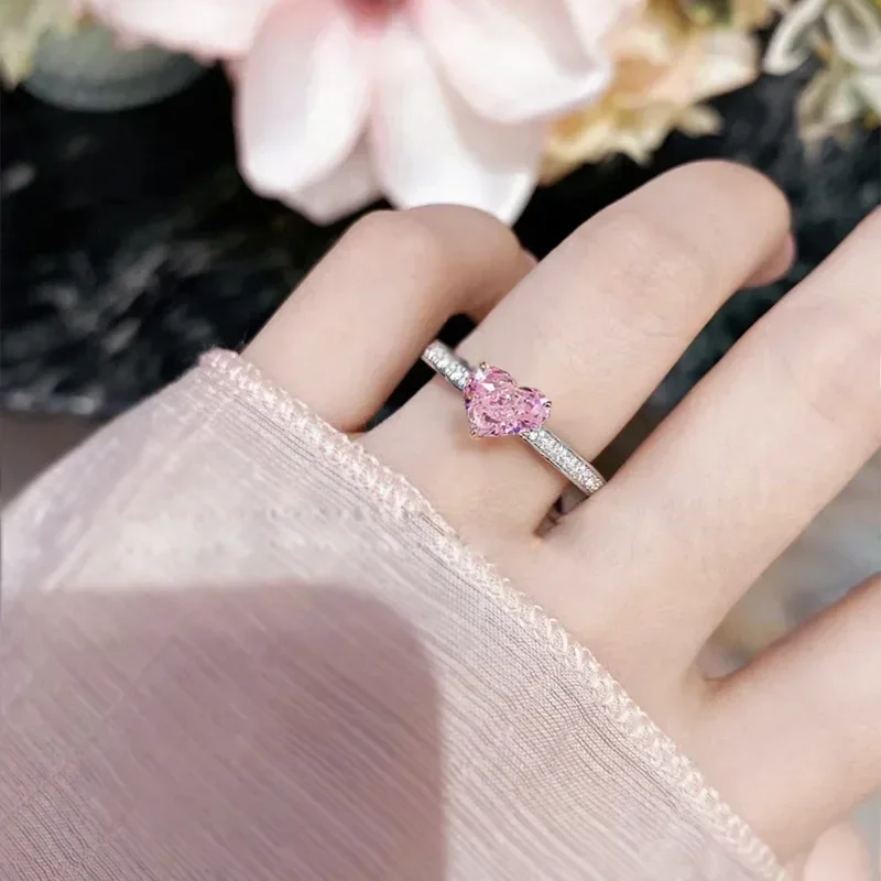 

NEWLive Streaming S925 Silver Socialite Style Daily Fashion 7 * 9m Imported Cherry Blossom Powder Love Heart Ring for Women