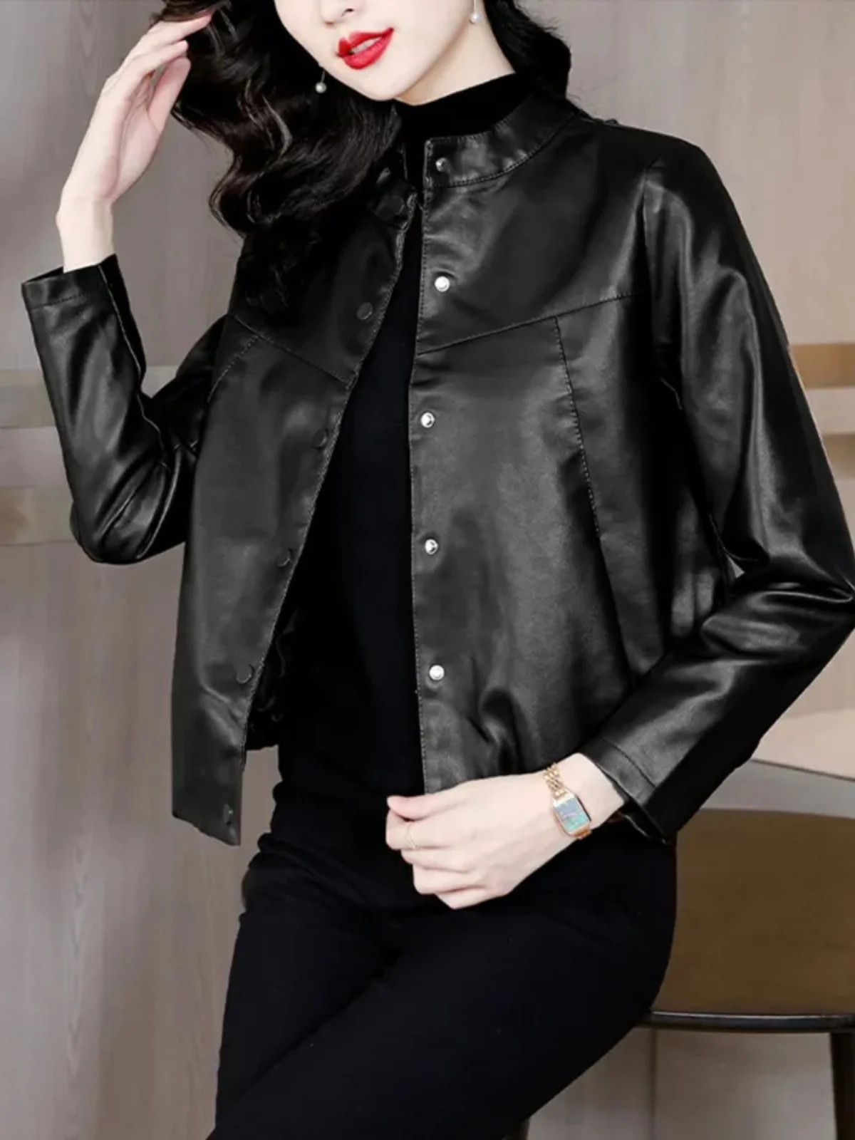 Faionable ort cuir Jaet femmes coupe ample minceur âge-défense automne hiver nouveau Sle Tagkita trajet coupe-vent