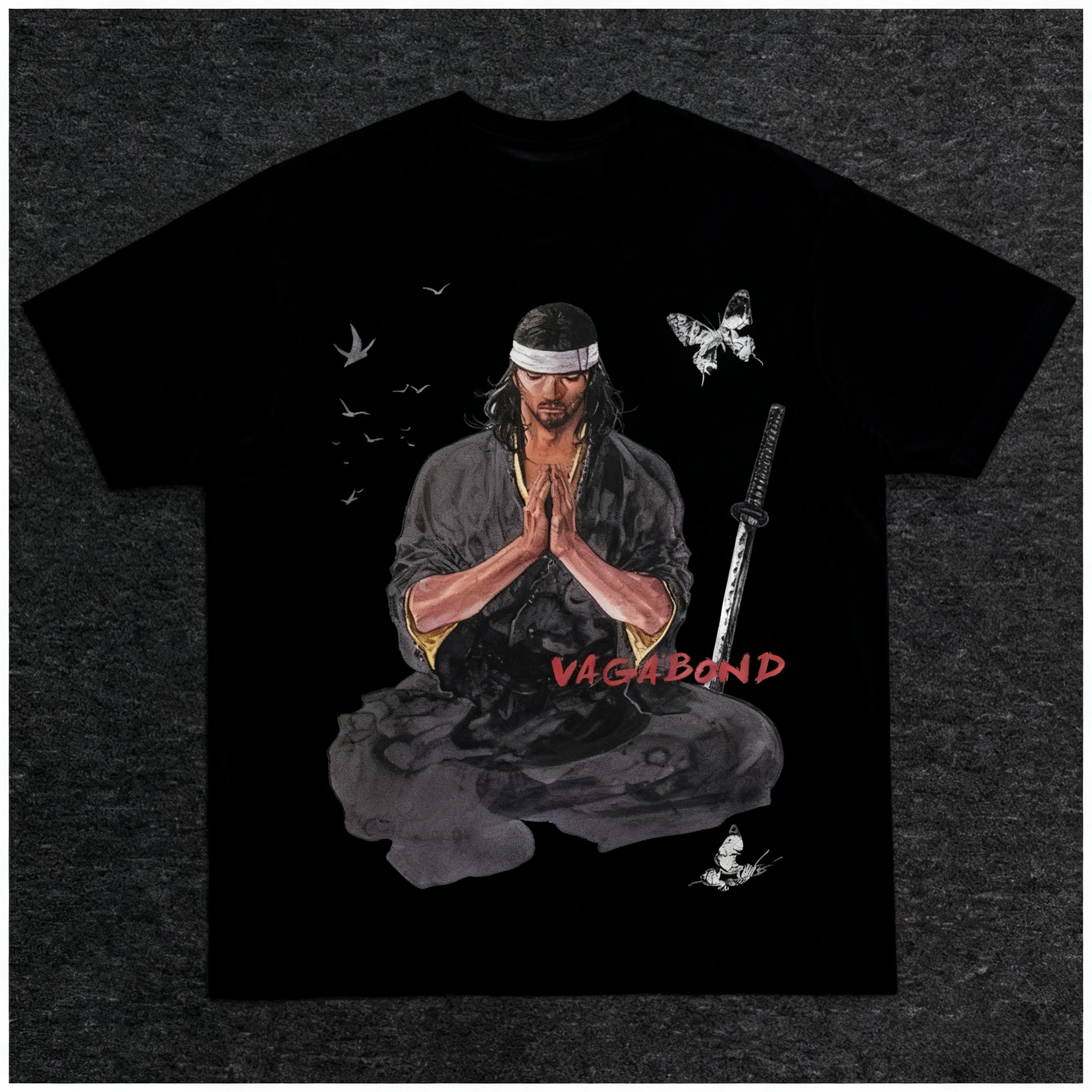 Vagabond Manga Miyamoto Musashi Training Short-Sleeve T-Shirt - Heavyweight Cotton Loose Fit Retro American Street Style Top Tee