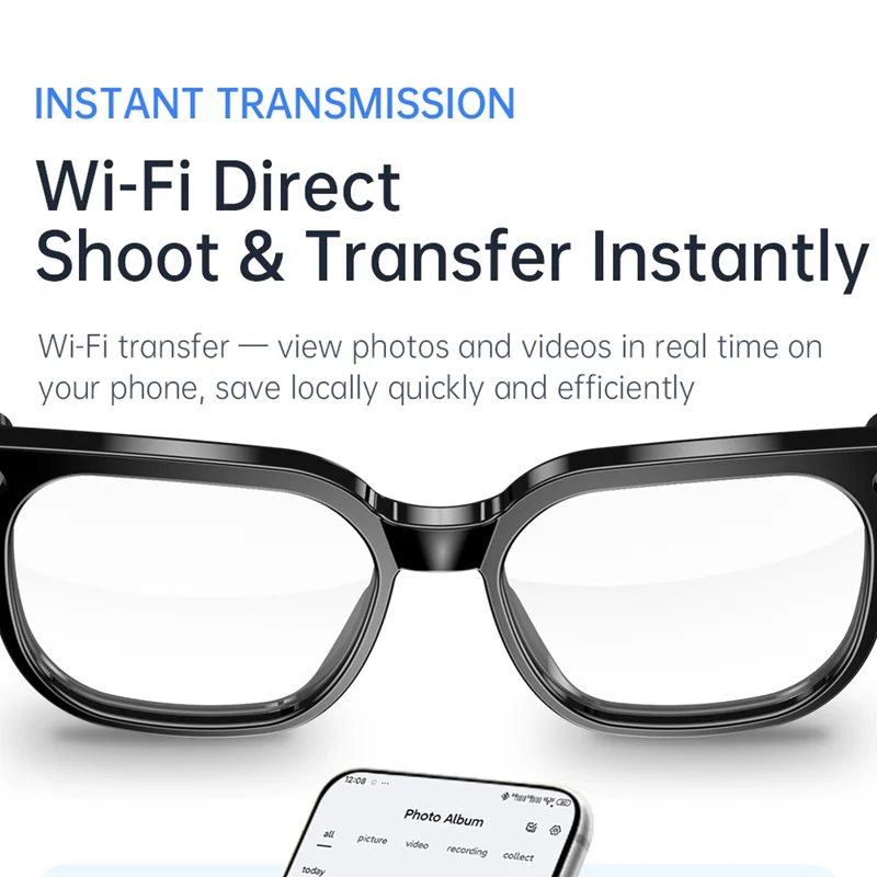 Inteligentne okulary audio z AI, kamera 4K HD, nagrywanie wideo przez WIFI, połączenia Bluetooth, tłumaczenie wielojęzyczne, inteligentne okulary do noszenia. — zdjęcie produktu 4