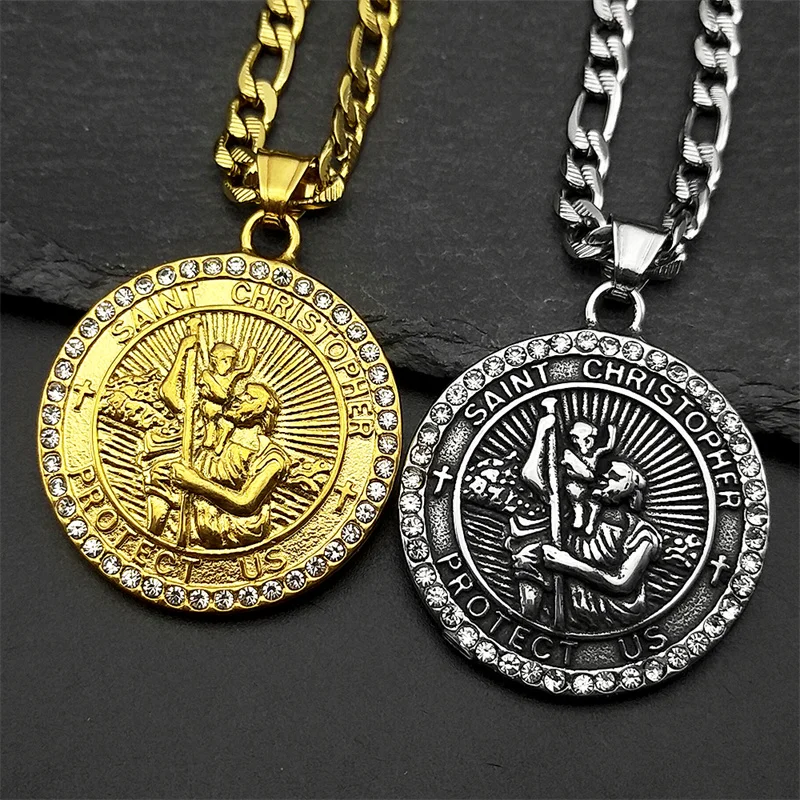 ST.Christopher Protect Us Medal Rhinestones Necklace Saint Christopher Stainless Steel Gold Color Christian Man Chain Jewelry view 3