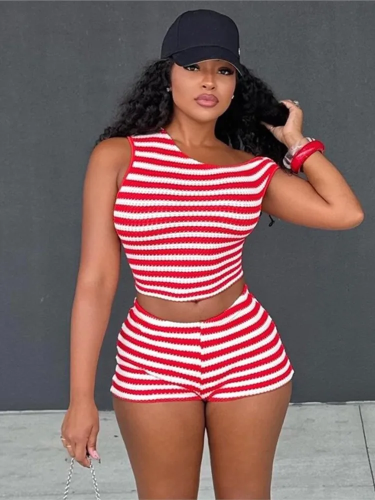 

Woman 2 Piece Set Outfit Women's Slim Slanted Shoulder Striped Hot Pants Two Piece Outfits Contrast Commuting Off Shoulder Chic