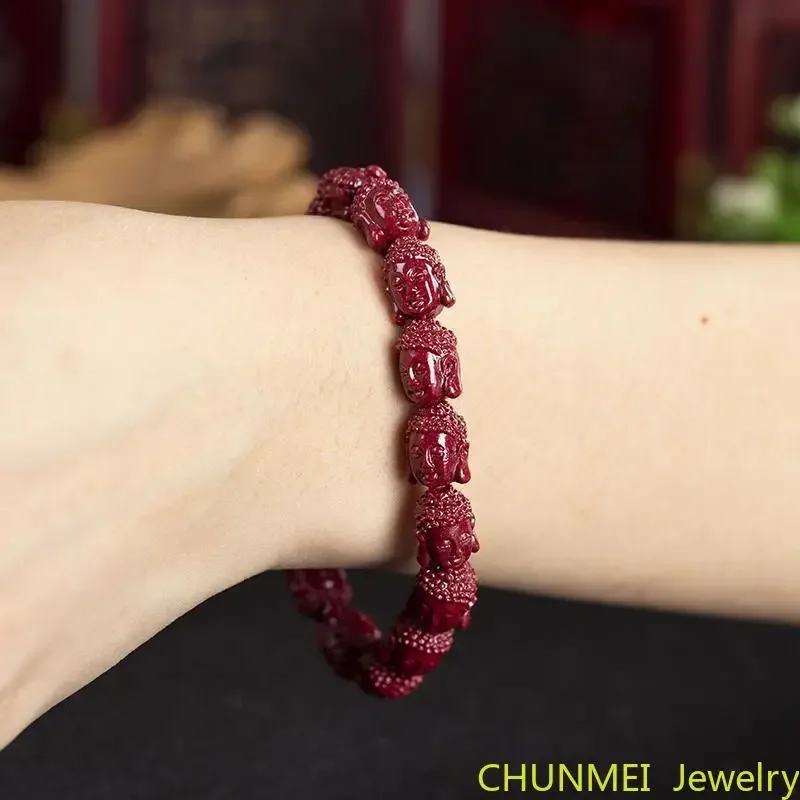 Pulsera de Cabeza de Buda de cinabrio Natural, hecha a mano, garantía anual de 96% de alto contenido