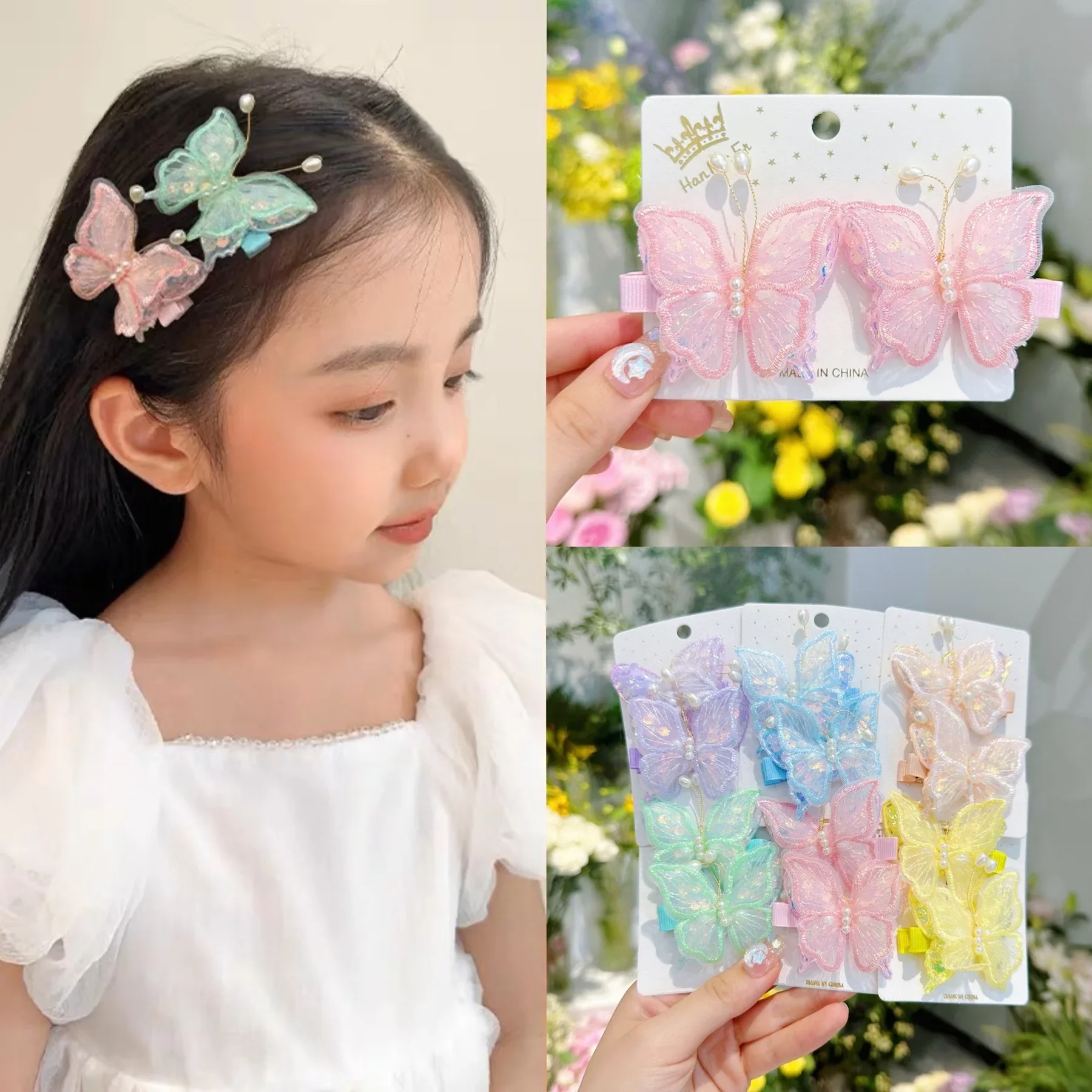 2PCS New Princess Embroidered Butterfly Lovely Girls Hairpins Children Headwear Hairgrip Hair Clips Barrettes Hair Accessories