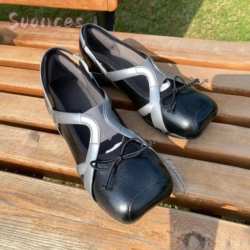 Square Toe Two Tone Ballet Flats Crisscross Contrast Strap Front Bow Decor Platform Sole Minimal Street Daily Commute Footwear