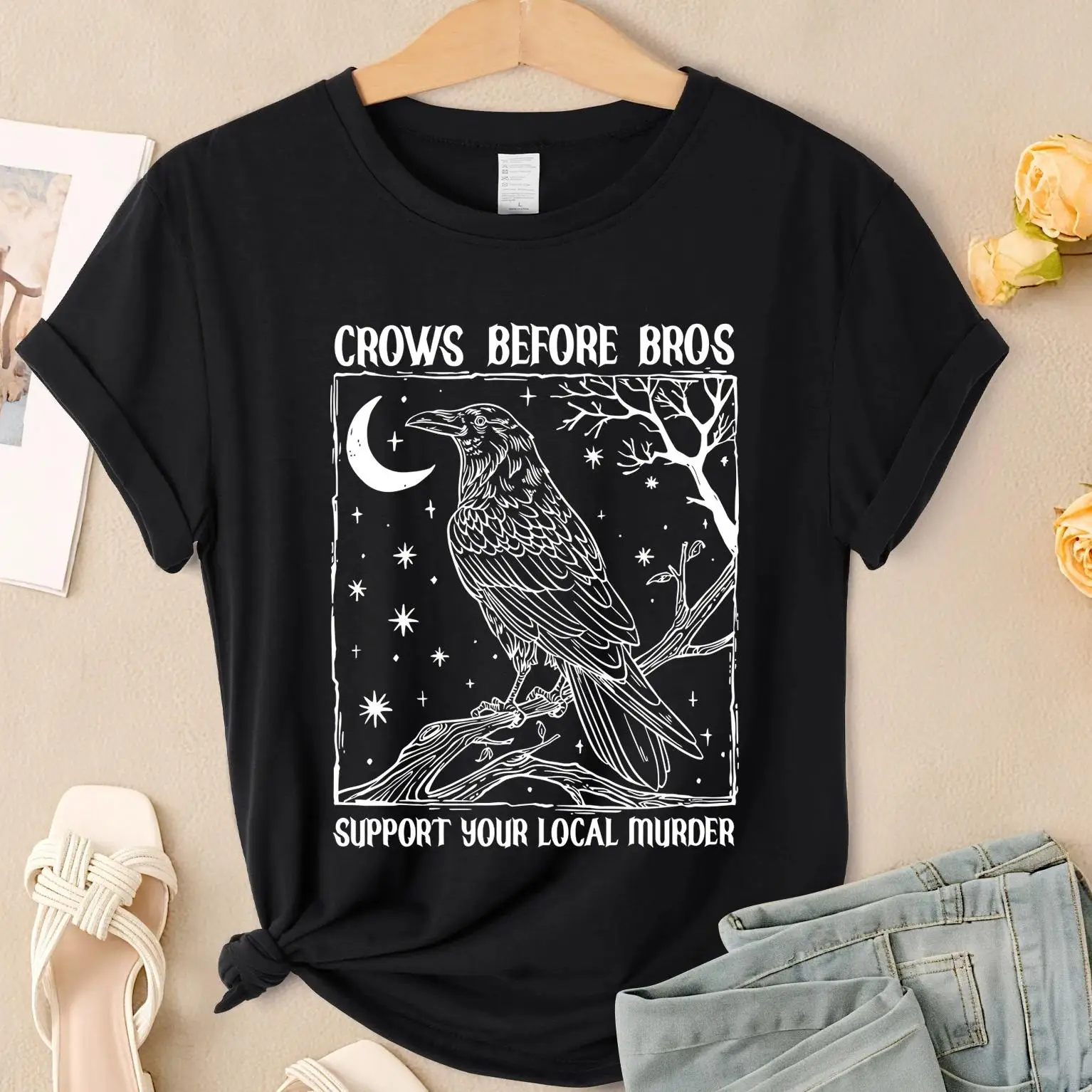 

Crows Before Bros Support Your Local Murder Футболки с принтом Женские удобные футболки в стиле хип-хоп Летняя футболка Свободная одежда