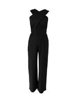 Women's Black Jumpsuit, Deep V Cross Neck, Tie Waist Straight Leg Pants, Elegant Daily Streetwear - Image 4