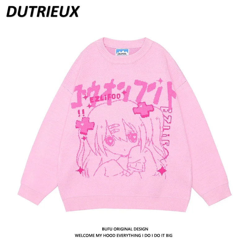 

Japanese Animation Girl Print Round Neck Long Sleeve Sweater Men and Women Autumn Winter Couple Niche Retro Knitted Pullovers