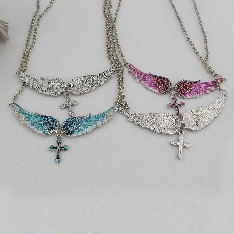 Fashion Blue White Pink Charm Crystal Angel Wings Cross Pendant Necklace Shellhard Vintage Jewelry For Women Bridal Wedding Gift