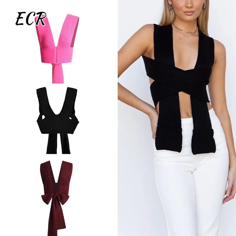 ECR Solid Slimming Knitted Tank Tops For Women Square Collar Sleeveless Backless Patchwork Lace Up Minimalist Tops Female New