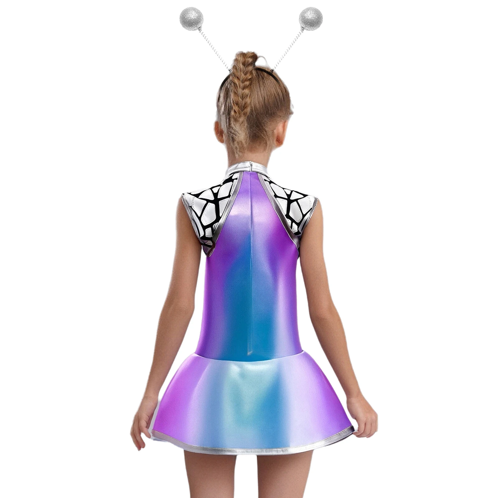 Kids Girls Alien Robot Costume Halloween Outer Space Cosplay Theme Party Dress Up Shiny Metallic Sequins Dress with Hair Hoop