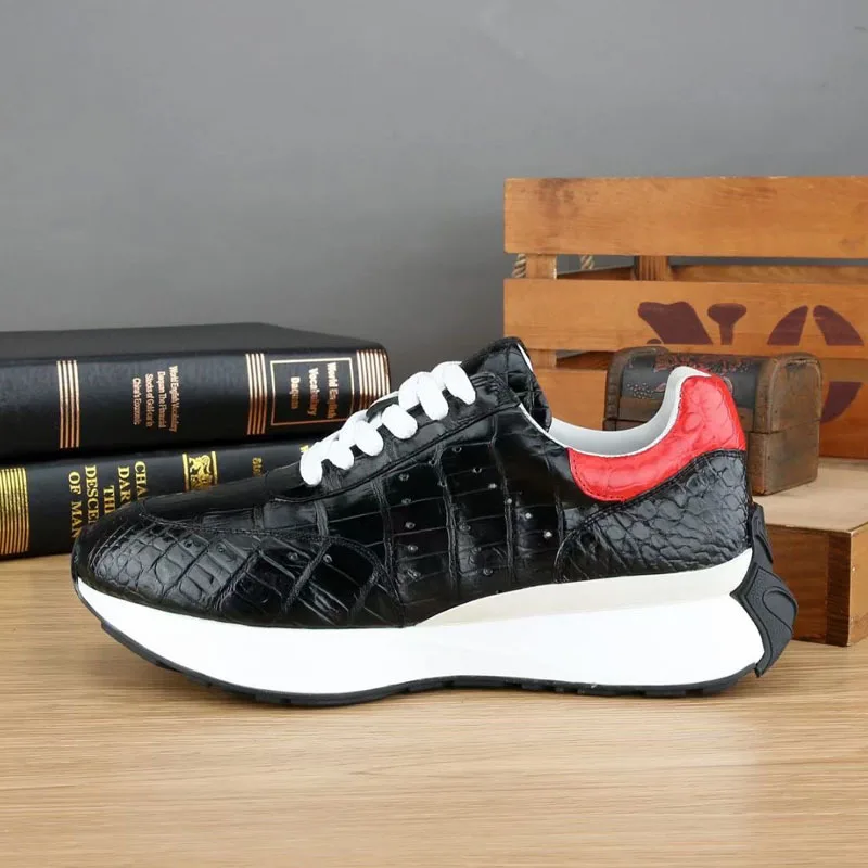 New Men's Shoes Sports for Trendy Versatile Leather Genuine Crocodile Skin Belly Casual with Lacing Black Durable Male Walking