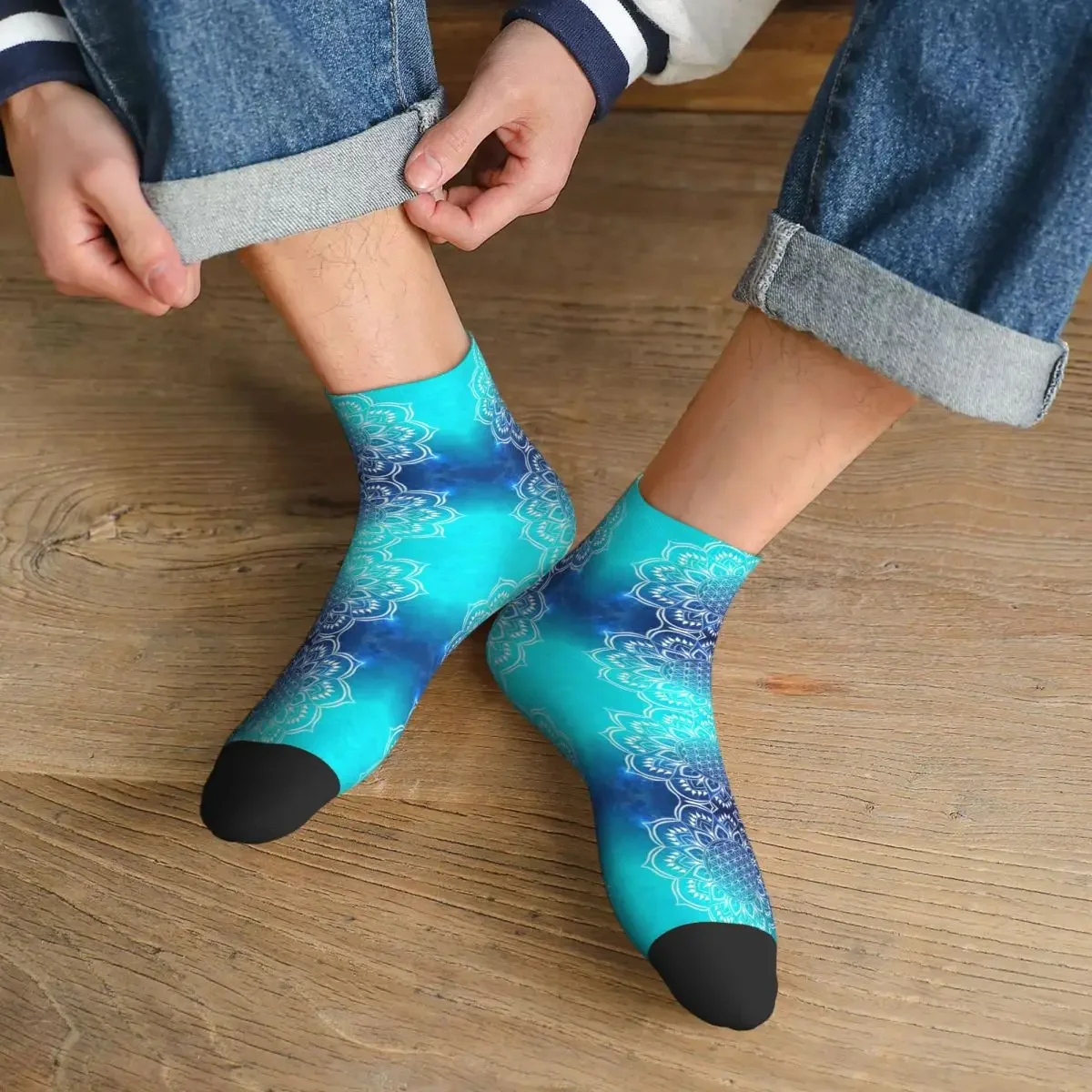 Flower Of Life Mandala Blue Mens Crew Socks Unisex Cute 3D Printed Dress