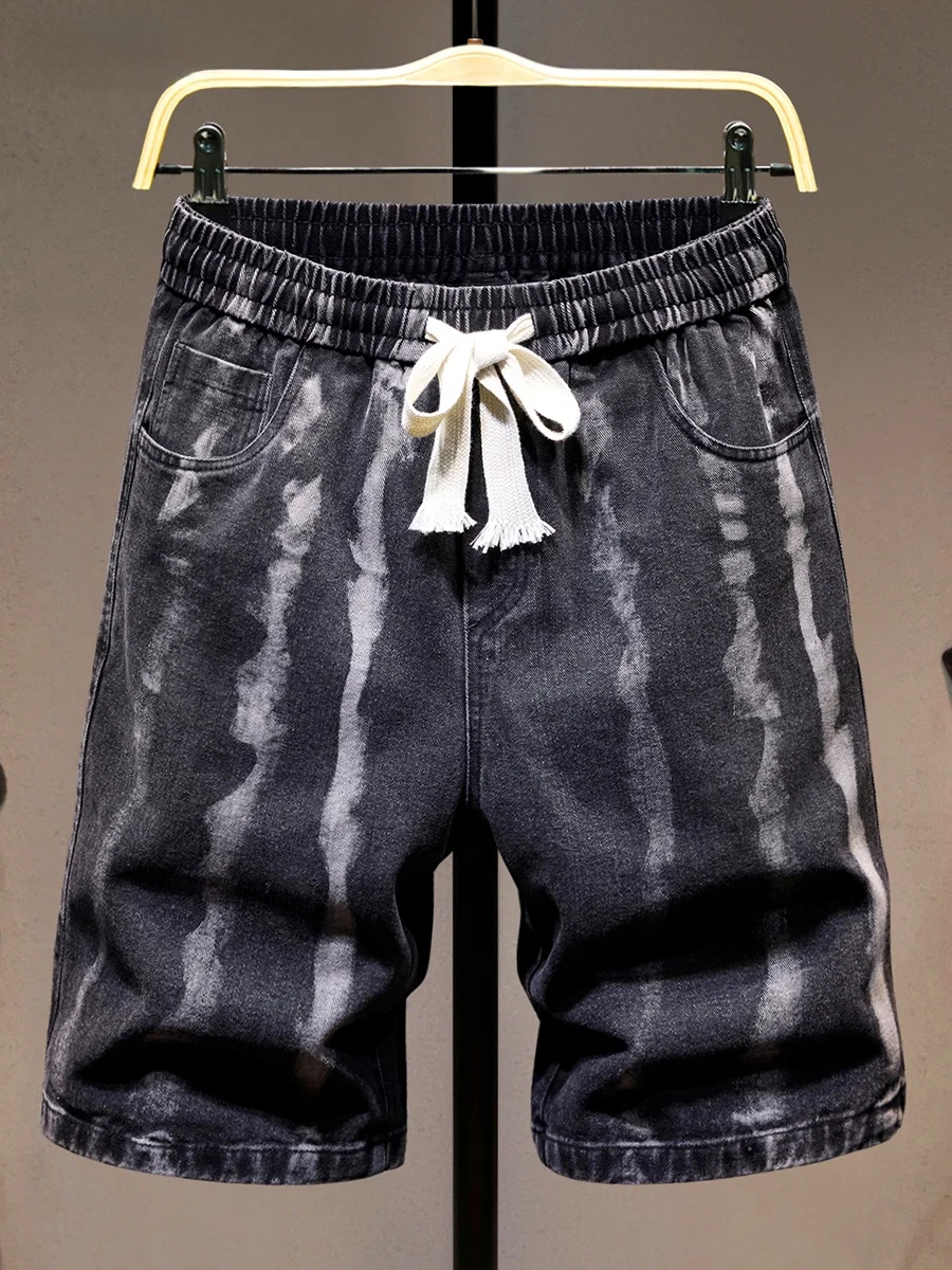 

Bla Stripe Denim orts Men's Summer Elastic Waist Loose Straight Leg High Street Five-Quarter Pants Youth Casual Faion
