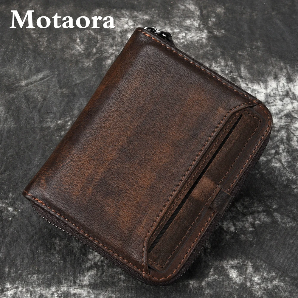 MOTAORA Men's Vintage Wallet Genuine Leather Male Short Purse Casual Zipper ID Carder Holder 2025 New Retro Coin Wallets For Men