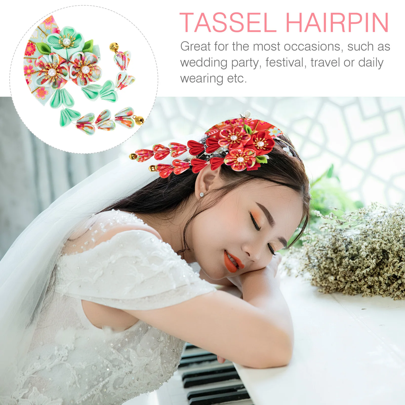 

Tassel Bell Hair Accessory Fans Shape Clip Japanese Style Long Hairpin Cloth Alloy Material Wedding Festival Travel Daily