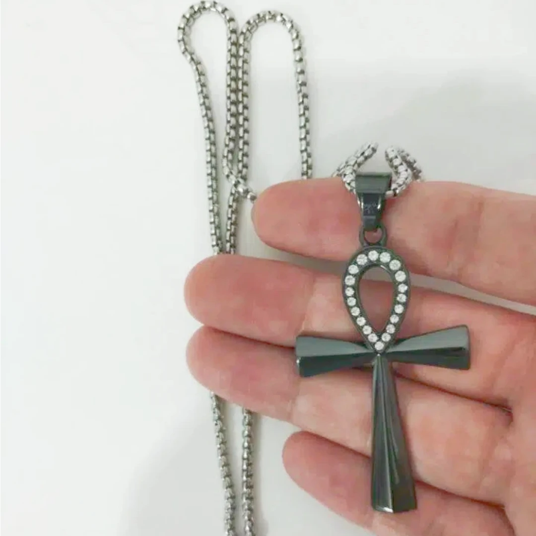 AAA CZ Fashion Big Cross Egyptian Ankh Life Symbol Antique Silver Black Color Pendant Men Women Long Chain Necklaces Jewelry