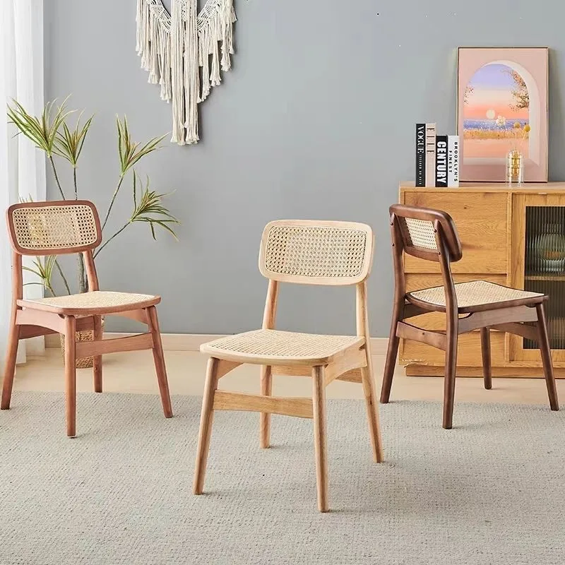 Nordic solid wood rattan chairs for home use, homestays, cafes, dining chairs, retro and simple casual negotiation chairs