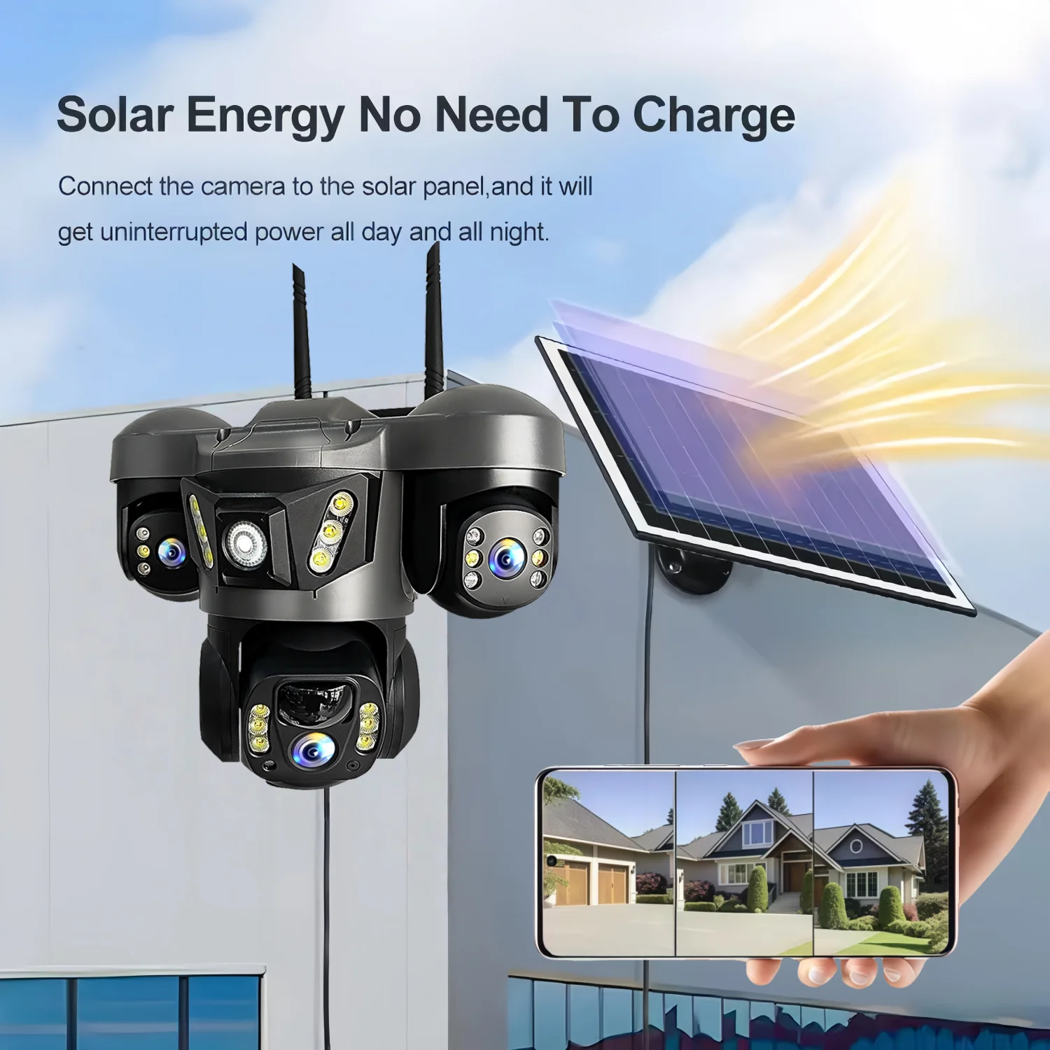 Telecamera WIFI solare 3 lenti Rotazione PTZ impermeabile Sorveglianza Rilevazione umana wireless Sicurezza domestica intelligente Telecamere IP V380 CCTV