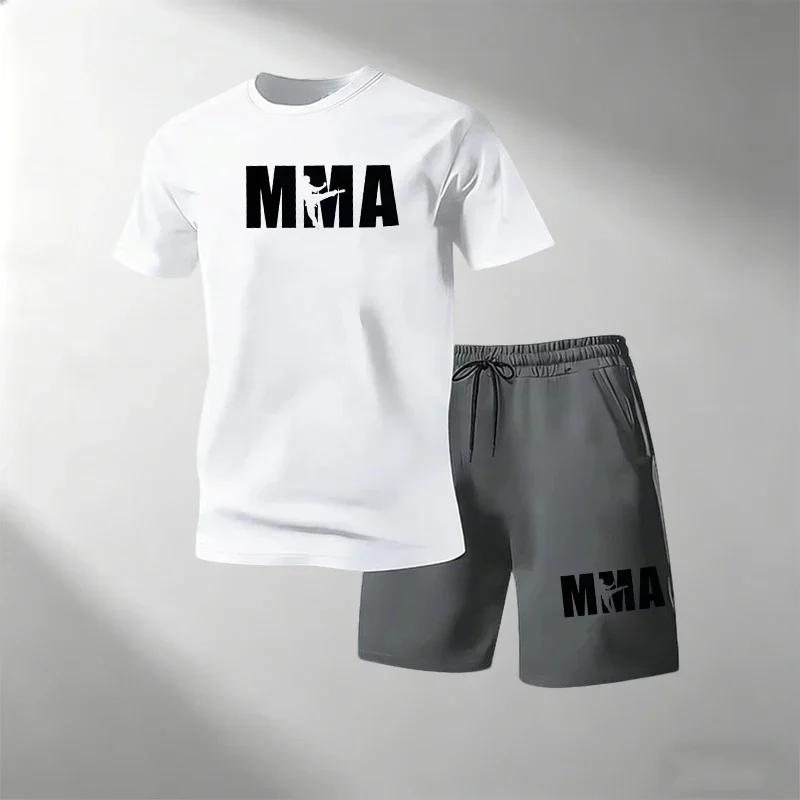 Trendy Streetwear Men 2 Piece T Shirt Shorts Set Short Sleeve Drawstring Shorts Casual Sportswear Running Daily Male Summer Suit view 5