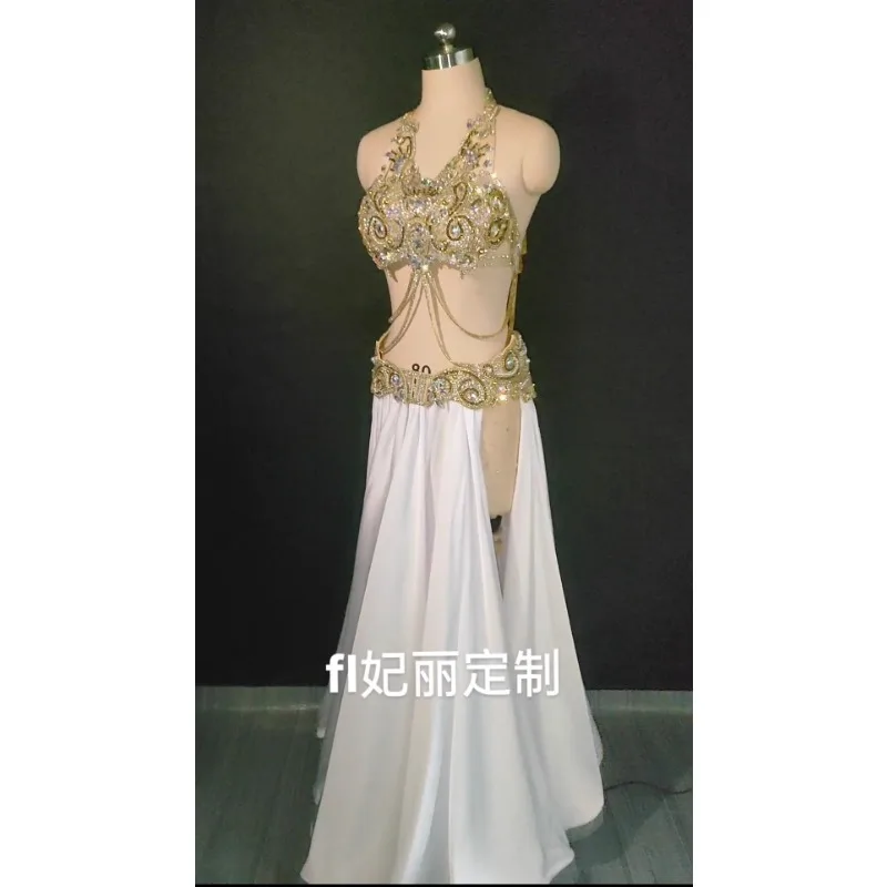 Trajes de danza del vientre personalizados, ropa de actuación de competición, falda larga con cinturón de sujetador dorado y diamantes de alta resistencia para mujer