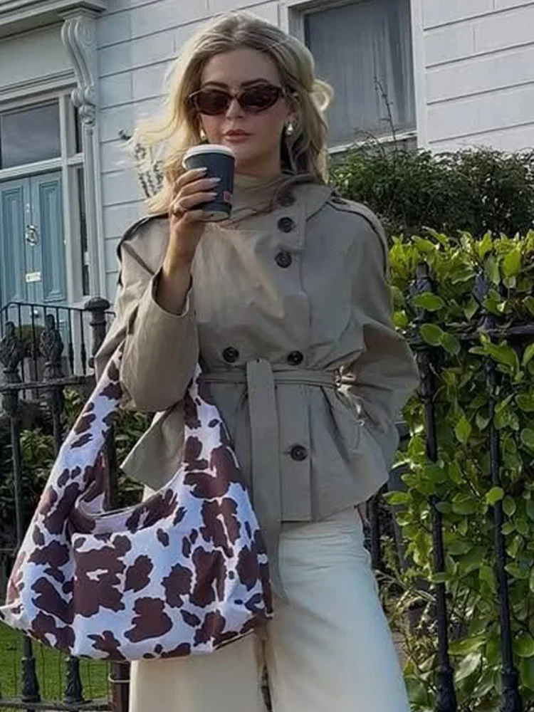 

HH Women New Elegant Solid Pockets Lace-up Double-breasted Trench Coat Long Sleeve Women Autumn Casual Street Short Coat