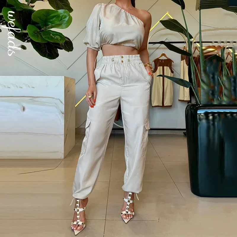 Wefads Fashion Two Piece Set Women Summer Solid One Shoulder High Waist Irregular Top Loose Drawstring Long Cargo Pants Sets