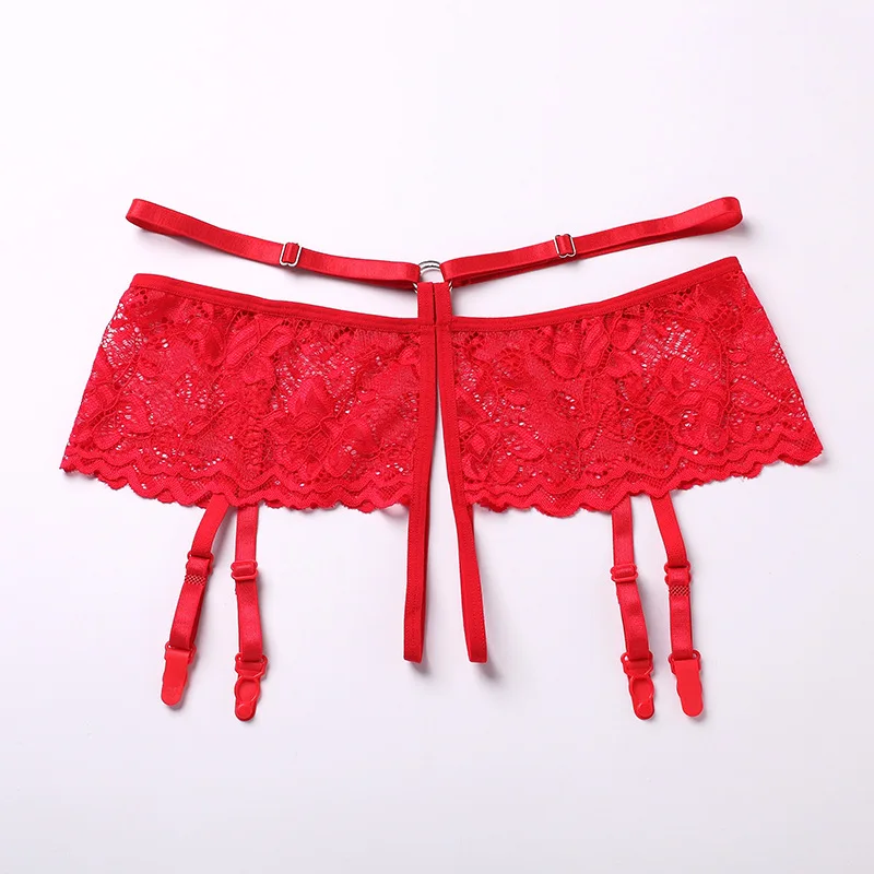 Sexy Crotchless Lingerie Underwear Women Floral Lace Panties with 4 Garter Belts Erotic Perspective Thongs Adjustable G-string