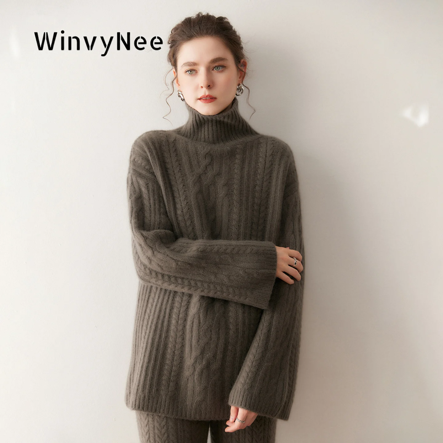 WinvyNee Womens Turtleneck Chunky Cable Knit Pullovers Warm Cashmere Wool Oversized Soft Vintage Autumn Winter Knit Top A1654049