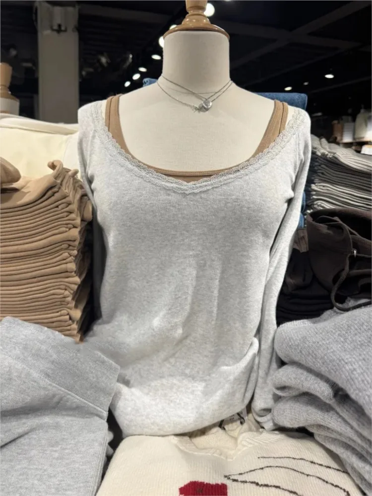 

Женские футболки с V-образным вырезом и кружевной отделкой, сексуальные, в уличном стиле, светло-серые, хлопковые, облегающие, с длинным рукавом, повседневные, простые, базовые