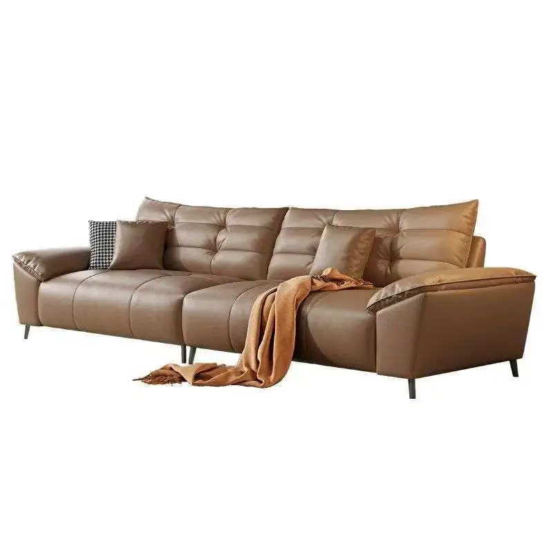 *Segmented Channel Stitch Full Grain Leather Modular Long Sofa With Metal Legs for Modern Living Room