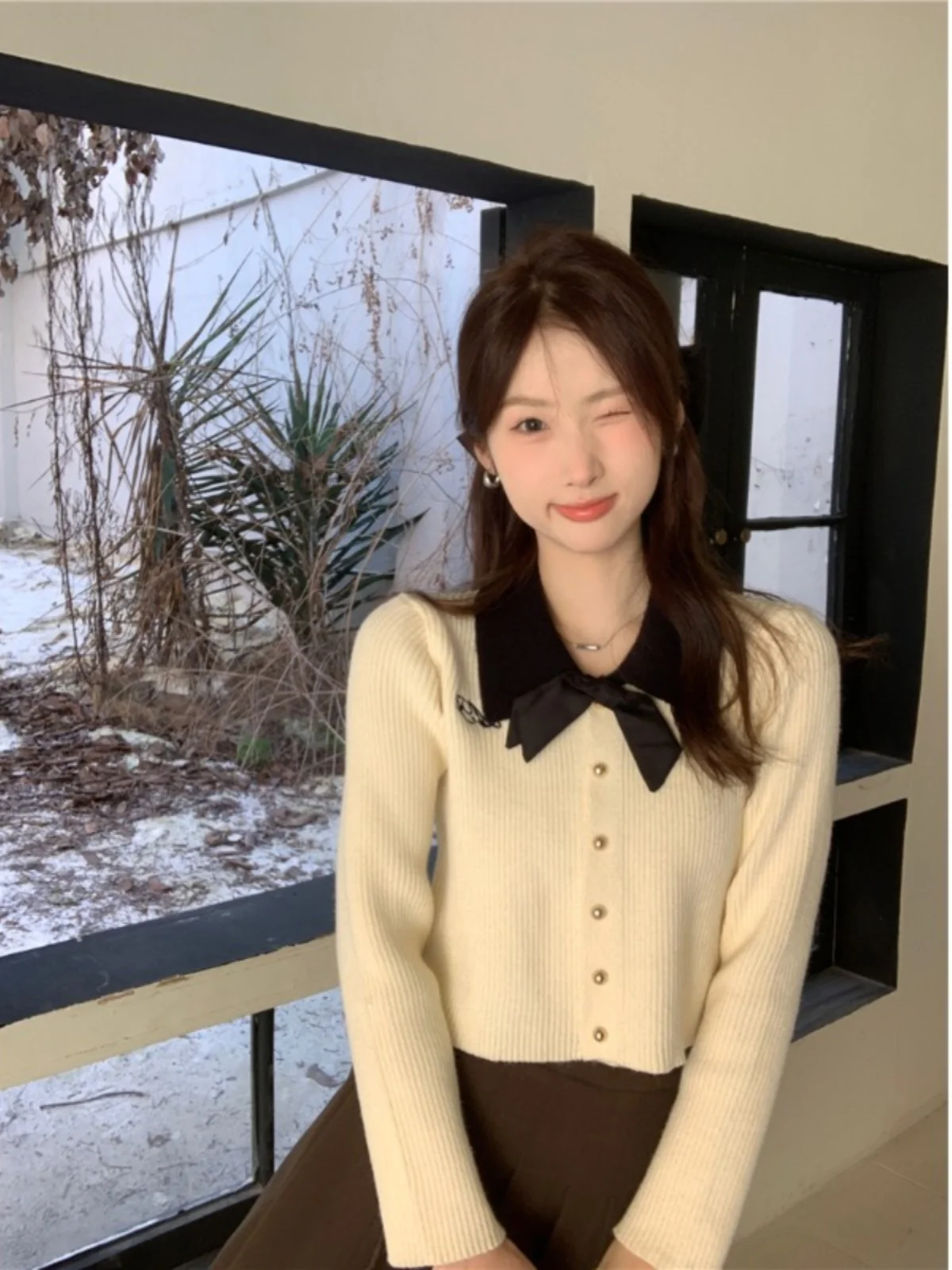 

Women's Long Sve Knitted Sweater Knot Design Loose Fit ort Top Trendy Autumn Faion Sweet Sle Button Detail