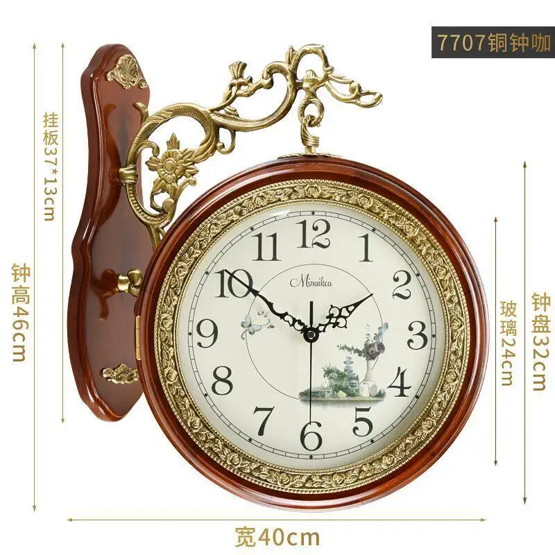 European solid wood creative double-sided large silent brass wall hanging two-sided quartz clock living room wall clock