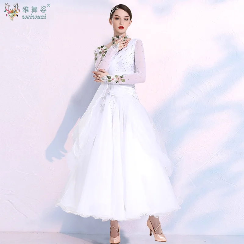 فستان أداء الرقص الحديث خرز مخيط يدويًا أرجواني بأكمام طويلة فستان الفالس التانغو زي البطولة الدولية #4