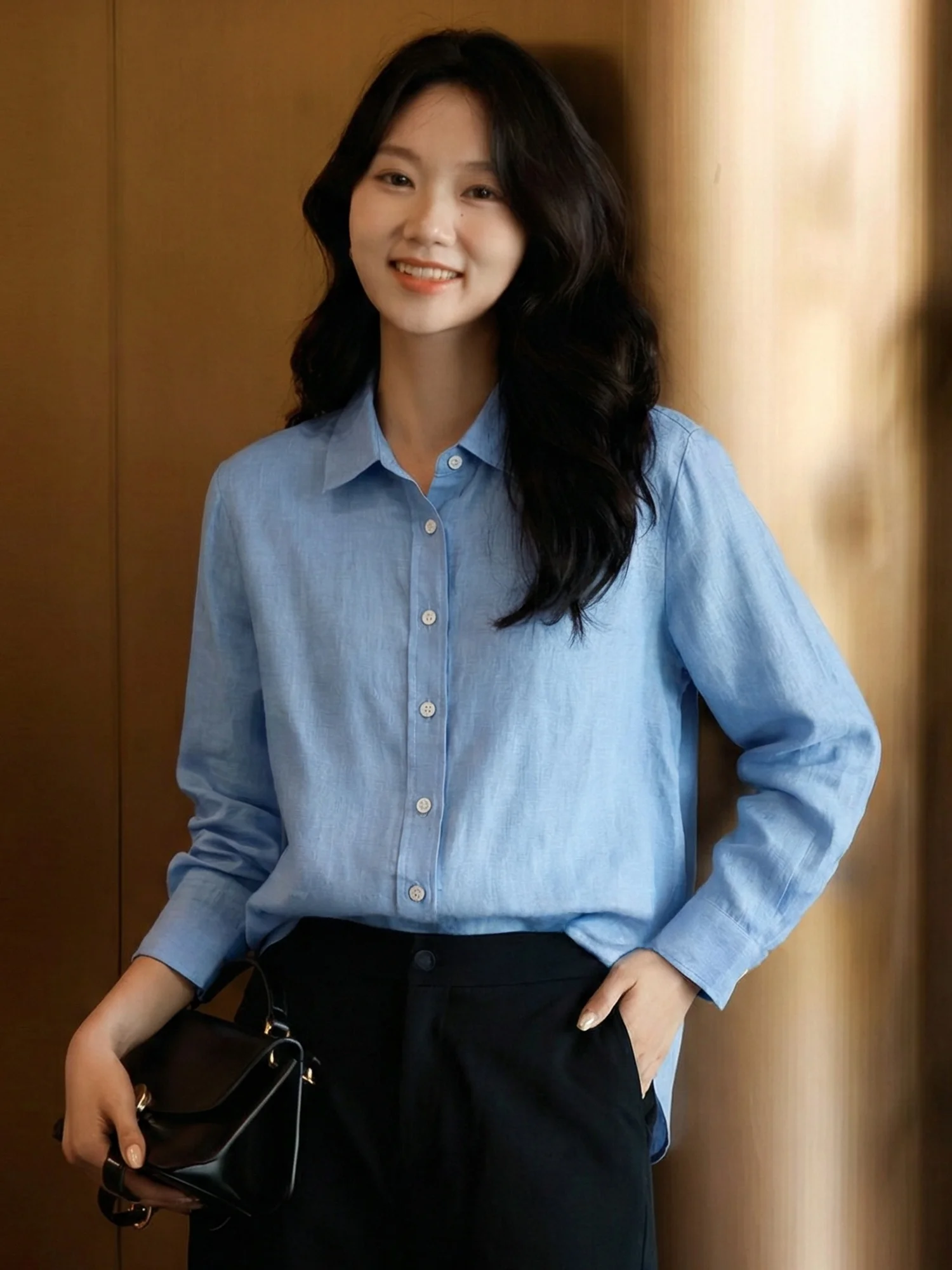 

Женская льняная рубашка свободного кроя с длинным рукавом, светло-голубая, повседневная, с эффектом похудения, весенняя мода 2026, бренд Chivirin