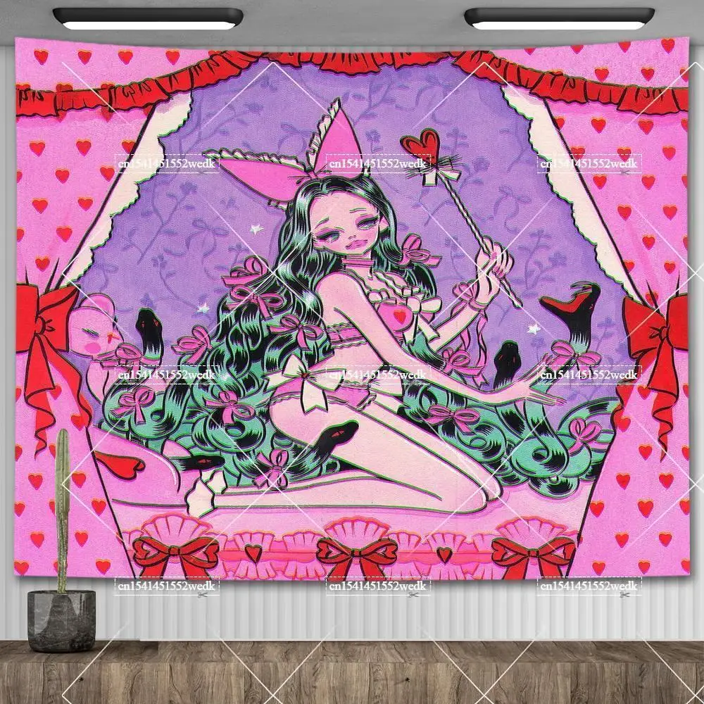 Kawaii Women Wall Hanging Tapestry Y2K Pink Aesthetic Art Posters Room Decor Anime Girl Tapestries Illustration Paintings