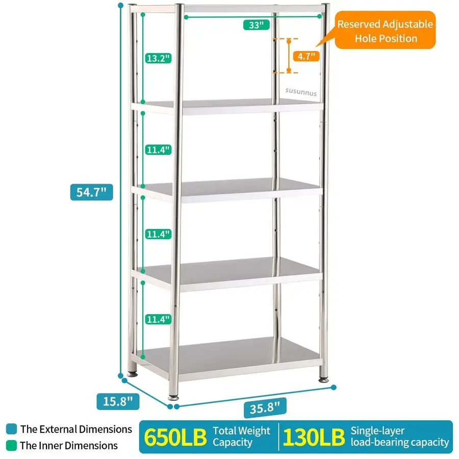 5-laags roestvrijstalen plank, zware rekken voor keuken, garage, industriële opslag, keukenplanken verstelbare voeten, gemakkelijk