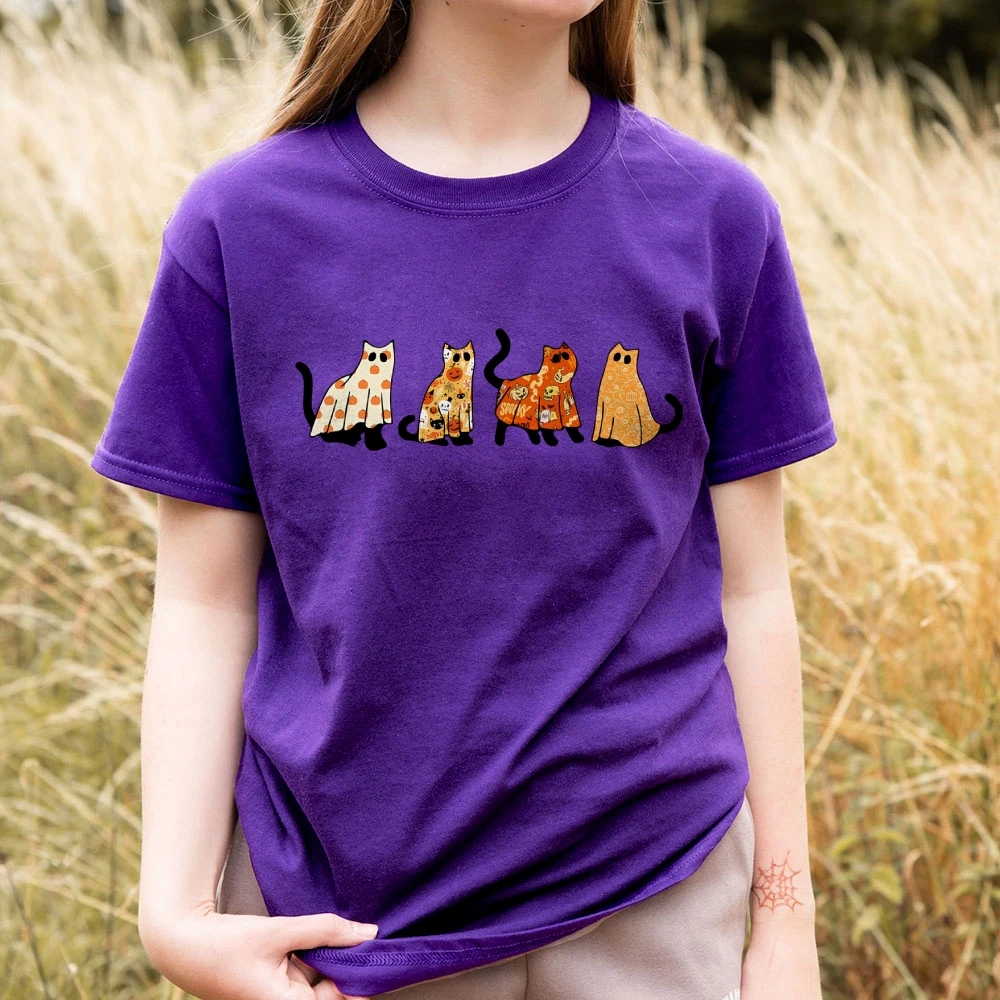 Funny Cat Ghost Skull Halloween Women's Short Sleeve Tee Comfort Colors Spooky Season Casual Women's Cotton t-Shirts Cat Lovers