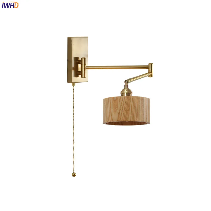 

IWHD Left Right Rotate LED Wall Lamp Sconce Pull Chain Switch Bedroom Bathroom Mirror Stair Light Wooden Lampshade Wandlamp