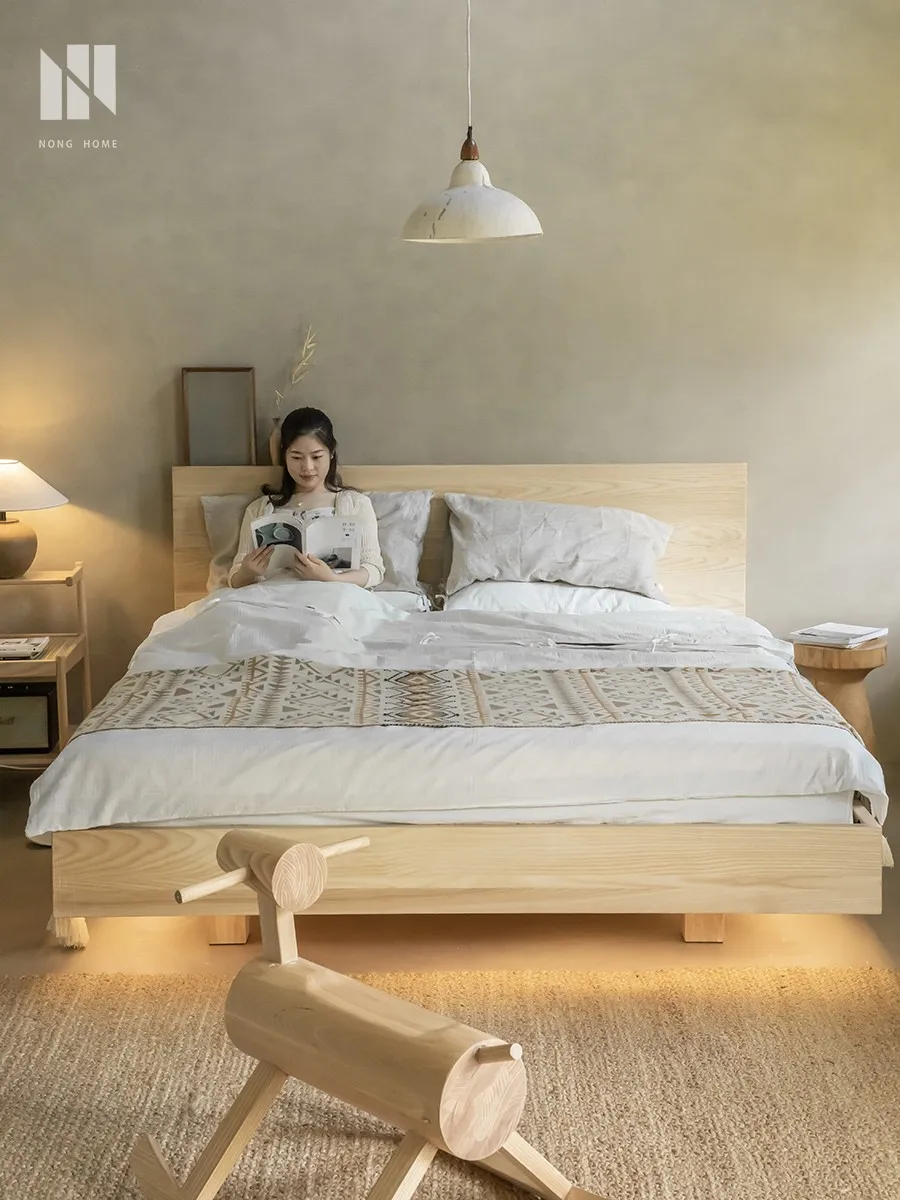 Customized Nordic solid wood bed, Japanese style log suspended bed, white wax wood 1.8m double bed, master bedroom 1.5m bed