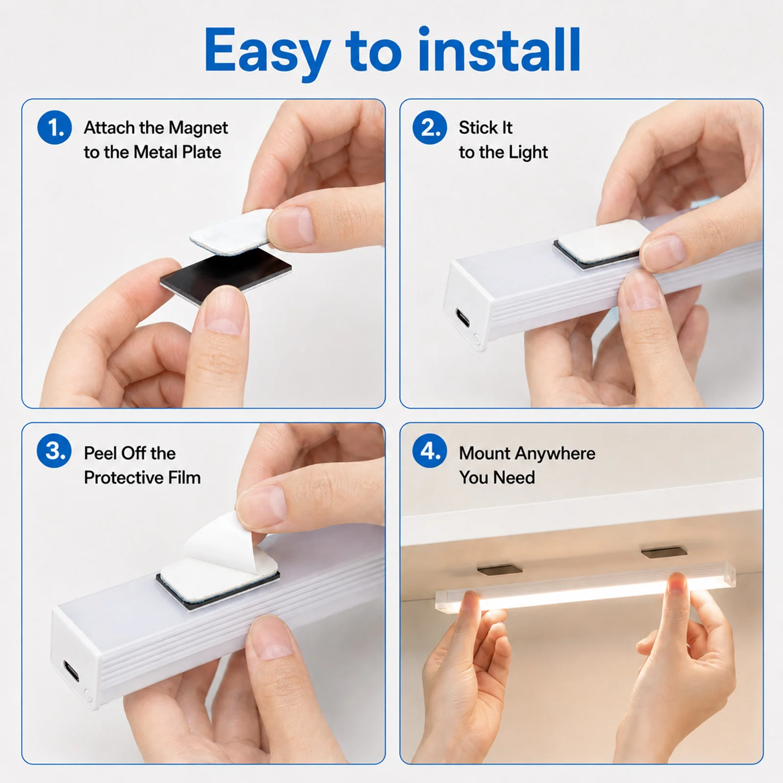 Bild 9: PZSUNLY 6er-Pack Magnetische LED-Nachtlichter mit Bewegungssensor, Dimmbar, Typ-C Wiederaufladbar, 10/20/30cm, für Treppen, Küche, Kleiderschrank, Schlafzimmer
